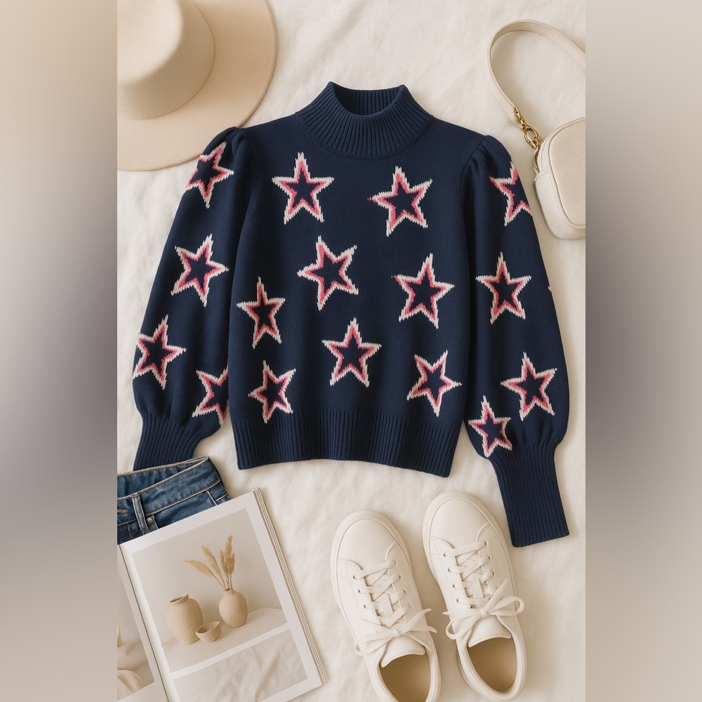 GAP Navy Blue Star Print Knit Pullover Sweater Size Medium - Picture 1 of 5
